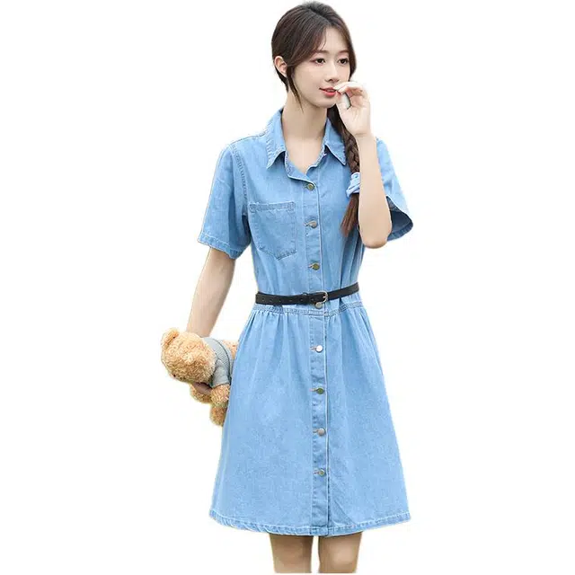 敲模女孩  复古港风牛仔收腰遮肉中长款衬衫裙短袖连衣裙 女款
