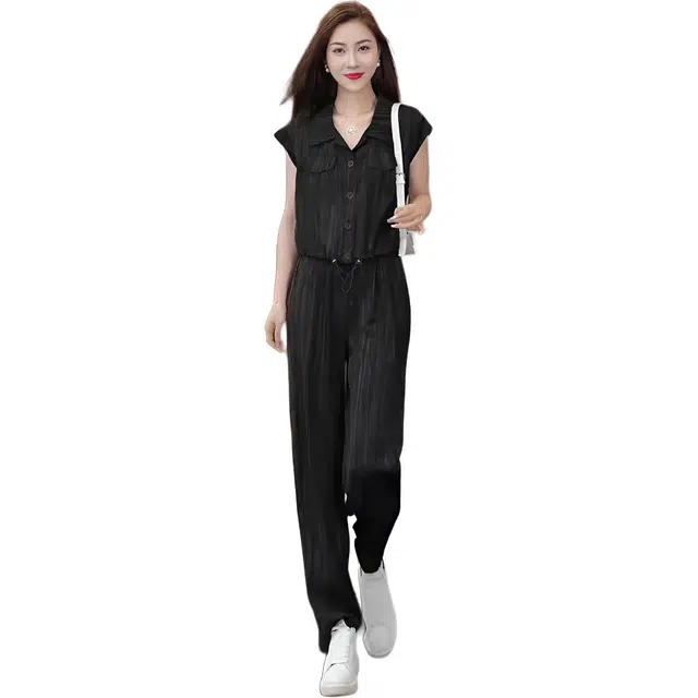 沐晓欣 时尚女气质高级显瘦无袖衬衫阔腿裤两件套休闲套装 女款