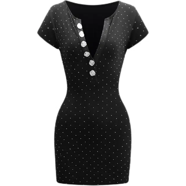 囍鱼少女 璀璨星空纯欲风辣妹气质轻奢鎏金钻 修身显瘦包臀 裙短袖连衣裙 女款