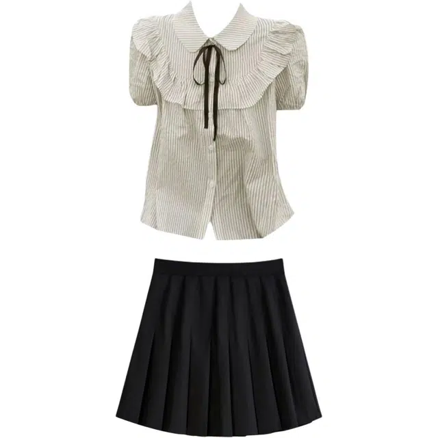 哒头下雨不愁 日系感小个子学院风夏季条纹短袖衬衫百搭上衣百褶短裙裙装套装 女款