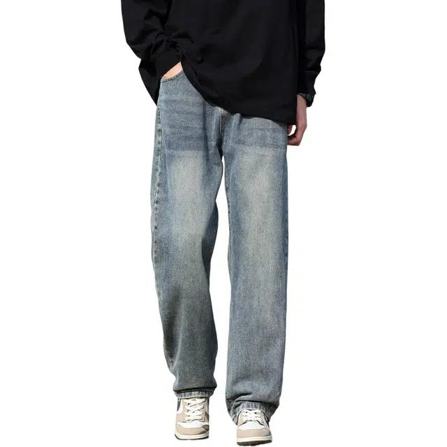 快鱼 美式复古水洗宽松舒适阔腿简约透气抗皱百搭休闲时尚直筒牛仔裤 男女同款