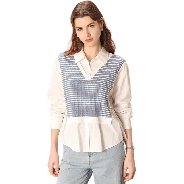 粉红玛琍 抽绳收腰条纹常规长袖翻领商务通勤日常便服高腰衬衫 女款