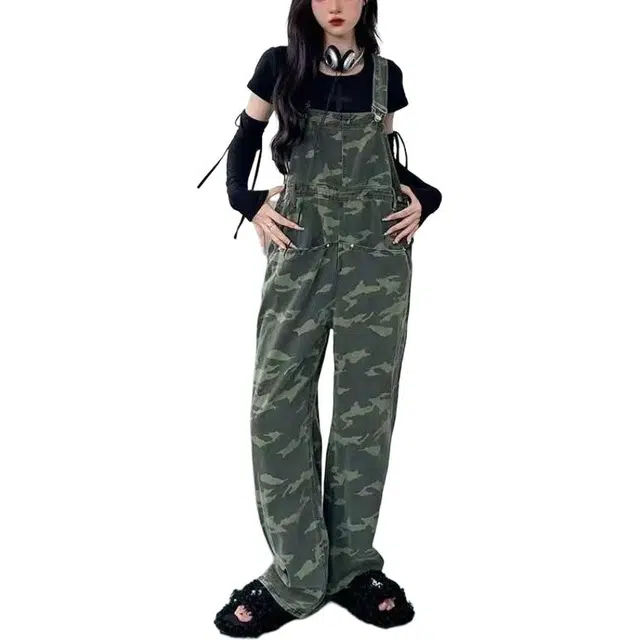 木木兔 复古设计宽松工装街头直筒休闲背带裤 女款