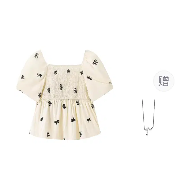 识恩 甜美蝴蝶结印花系带娃娃衫女夏季显瘦温柔风上衣衬衫 女款