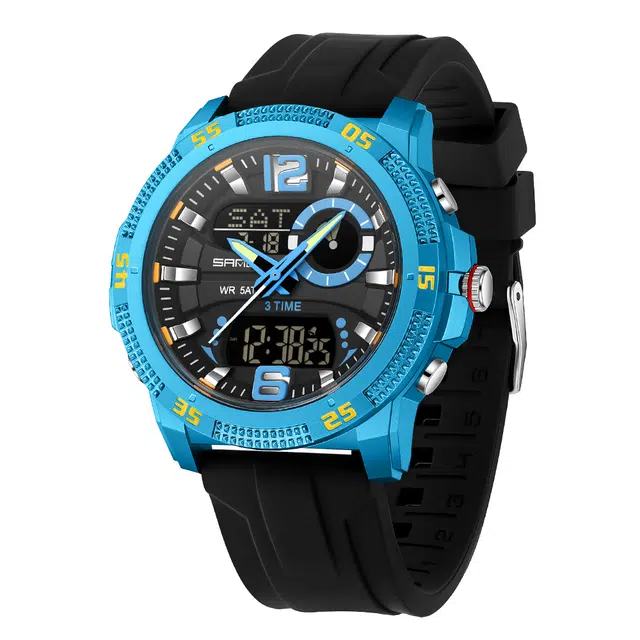 三达 潮流个性时尚百搭休闲双显示腕表 电子+石英机芯 硅胶表带 国表 男表 黑色表盘 防水夜光闹钟多功能手表