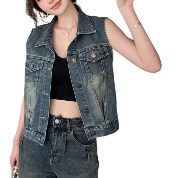 敲模女孩 美式复古高级感气质百搭短款无袖马甲牛仔外套 女款