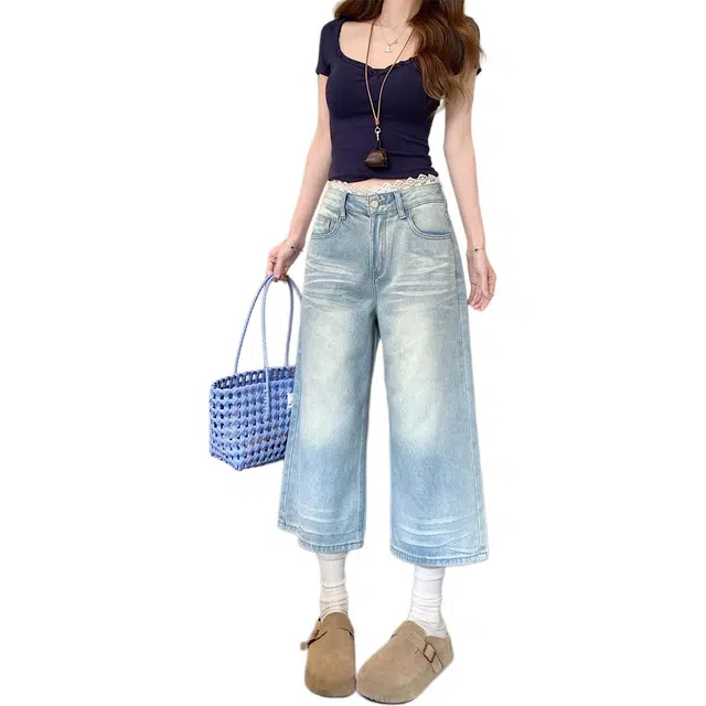 纤丝鸟 百搭简约设计高腰显瘦直筒宽松复古拼接抓纹水洗牛仔短裤 女款