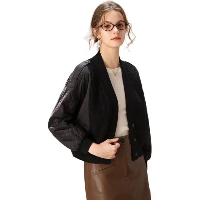 粉红玛琍 针织拼接轻薄休闲纯色常规长袖立领中腰棉服 女款