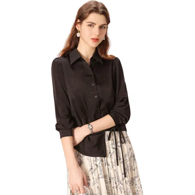 粉红玛琍 别致垂感系带纯色常规长袖翻领收腰商务通勤日常便服衬衫 女款