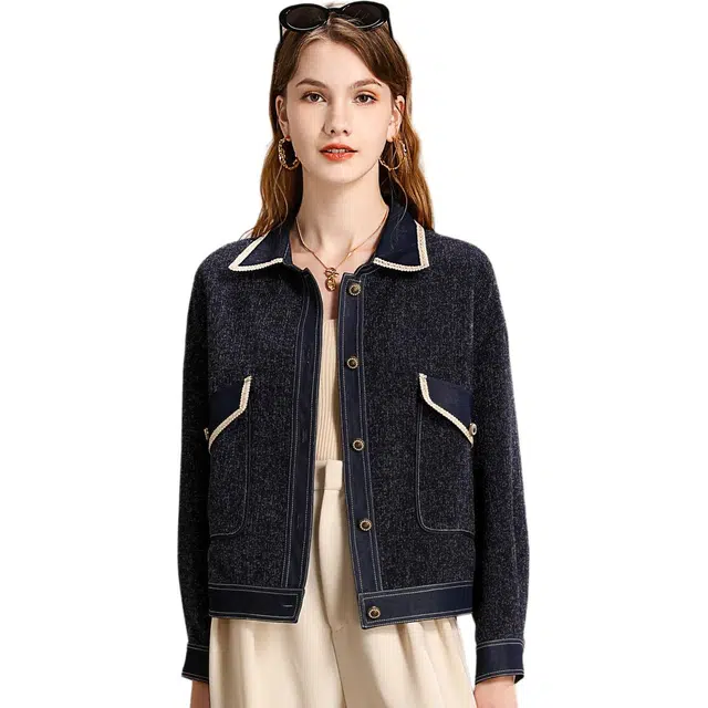 粉红玛琍 拼接翻领长袖撞色常规宽松小香风高腰截短外套 女款