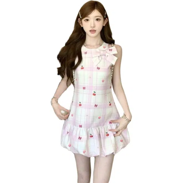 囍鱼少女 甜美初恋风兰德格印花裙女气质收腰蛋糕短裙无袖连衣裙 女款
