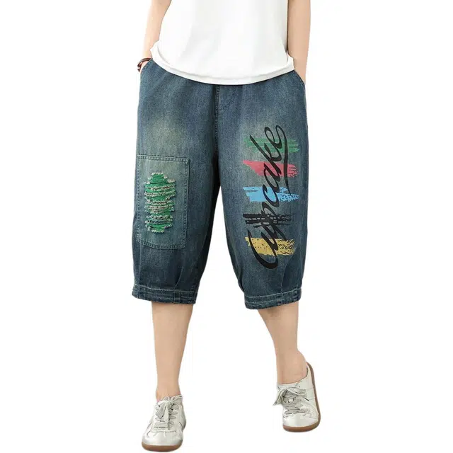 纤丝鸟 时尚复古百搭高腰显瘦宽松印花休闲透气舒适版型牛仔短裤 女款