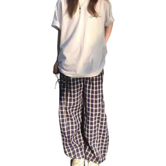 单爵 韩系复古格子阔腿裤夏季休闲裤 男女同款