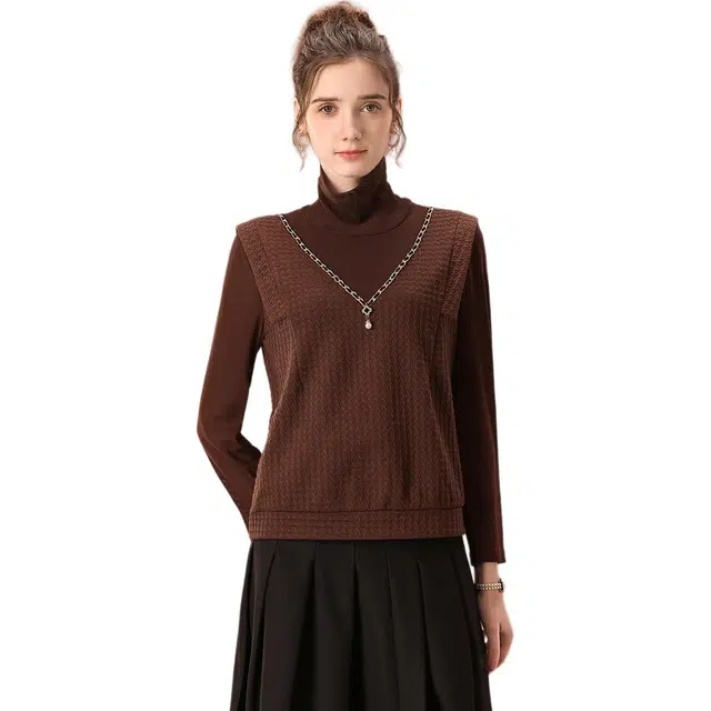 粉红玛琍 高领宽松长袖纯色常规都市休闲针织衫 女款