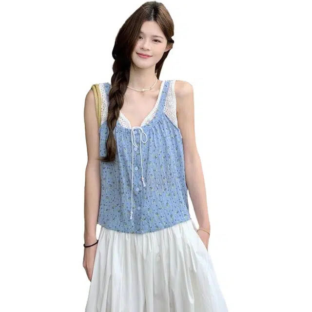 囍鱼少女 夏季韩系减龄蕾丝拼接假两件小衫女法式气质设计感甜美风上衣背心 女款