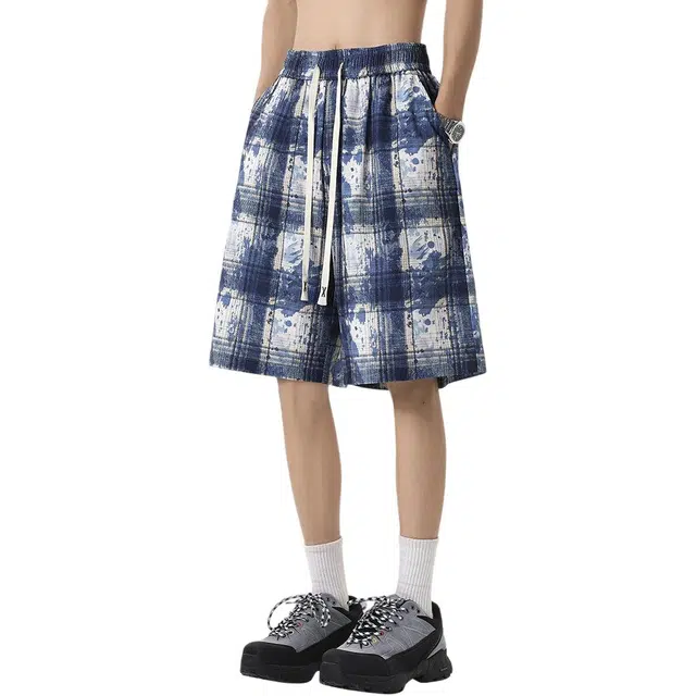 顶峰保罗 冰丝扎染格子设计运动感无性别主义宽松垂感直筒弹力抽绳显高大码时尚简约美式复古潮牌休闲短裤 男女同款