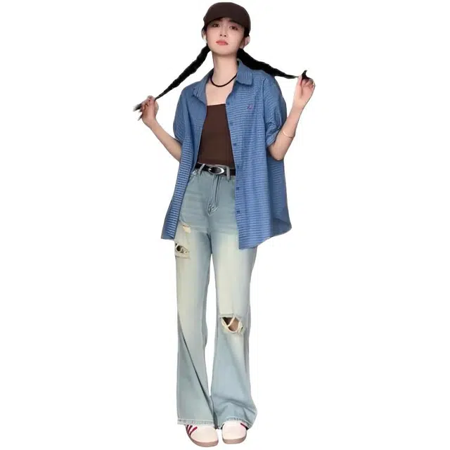 木木兔 慵懒风字母刺绣翻领格子复古宽松休闲短袖衬衫 女款