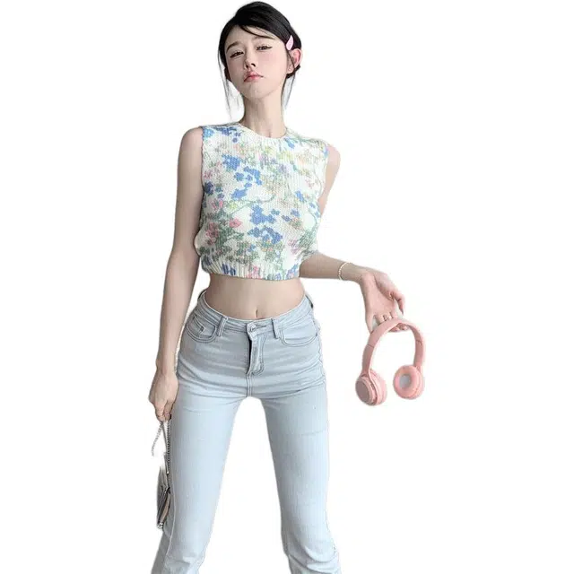 囍鱼少女 夏季多巴胺印花镂空系带碎花无袖上衣女露腰辣妹短款露脐外穿背心 女款