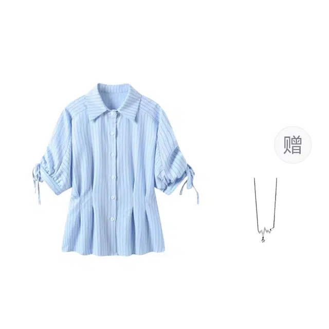 识恩 大码条纹短袖女夏季法式休闲减龄上衣衬衫 女款