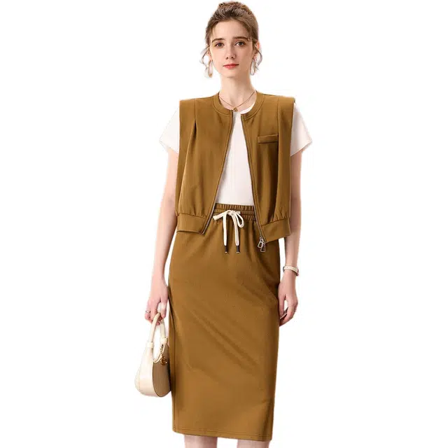 粉红玛琍 时尚拉链短袖纯色常规圆领高腰休闲套装 女款