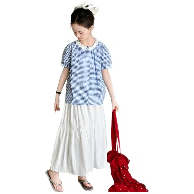 比比我裙装套装 女童夏季 小孩衣服 小女孩花边领  儿童格子衬衫三节裙 洋气短裤套 大童潮牌运动