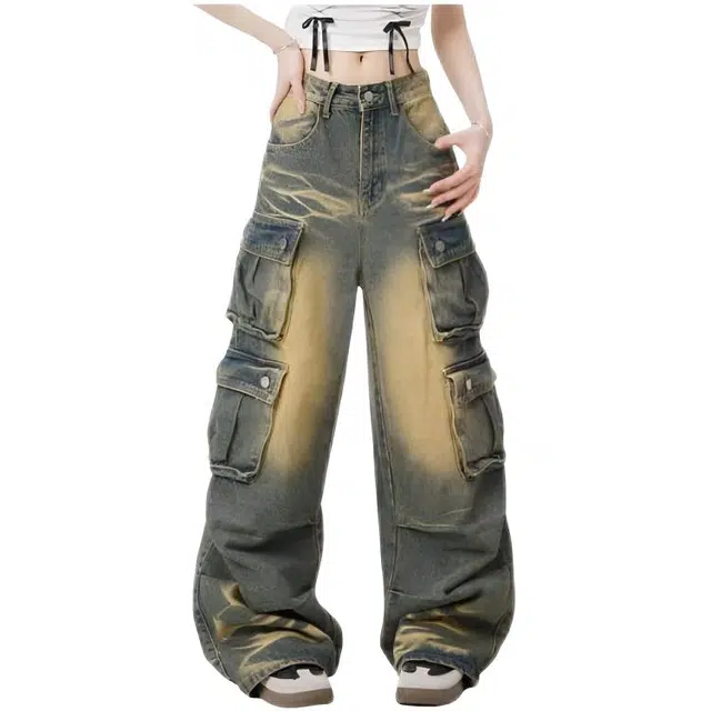 木木兔 美式高街水洗做旧多口袋工装裤宽松扎染垂感拖地复古牛仔裤 女款