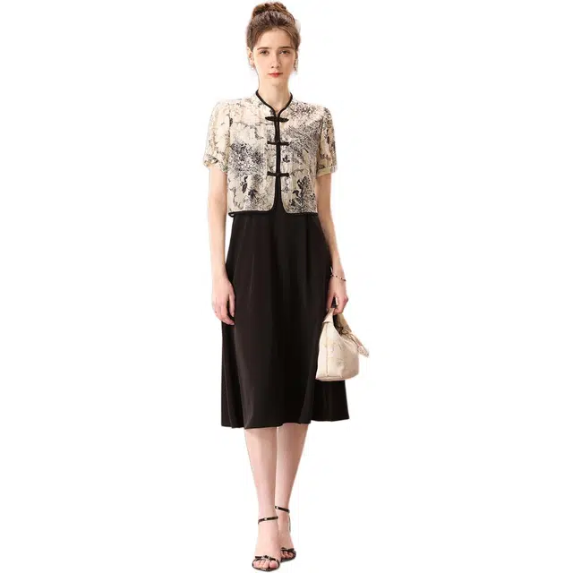 粉红玛琍 盘扣印花连衣裙常规短袖立领新中式高腰裙装套装 女款