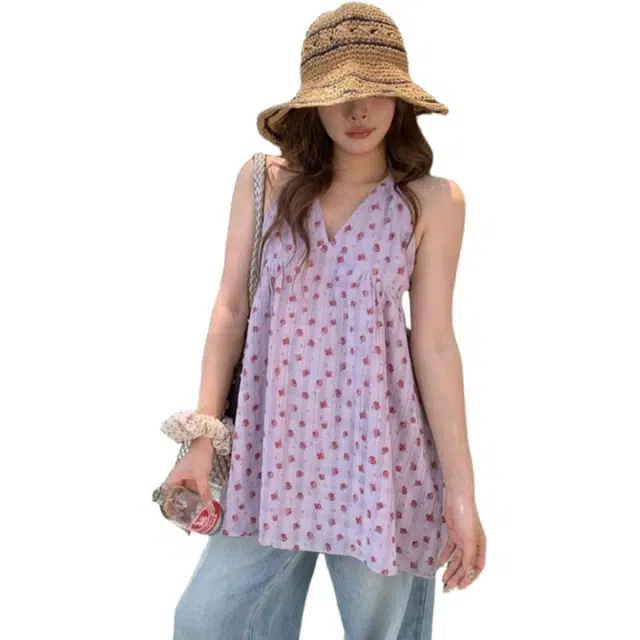 囍鱼少女 甜美碎花连衣裙夏款显瘦收腰气质设计感无袖百搭背心 女款