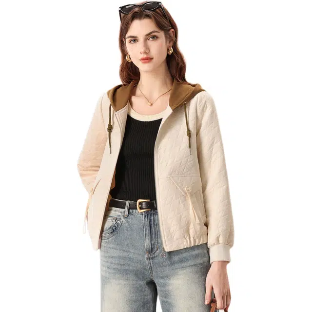 粉红玛琍 百搭撞色短款常规长袖连帽宽松都市休闲高腰截短外套 女款