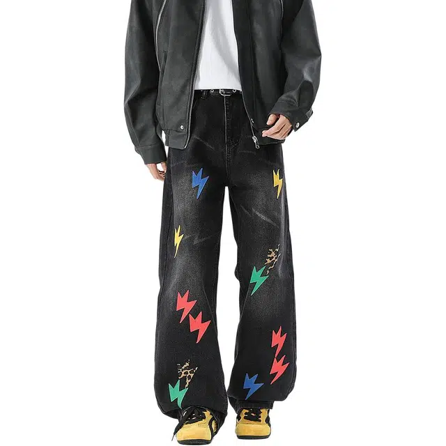 宝米卡 闪电豹纹贴皮直筒水洗高端百搭高街潮流设计感复古长裤牛仔裤 男女同款