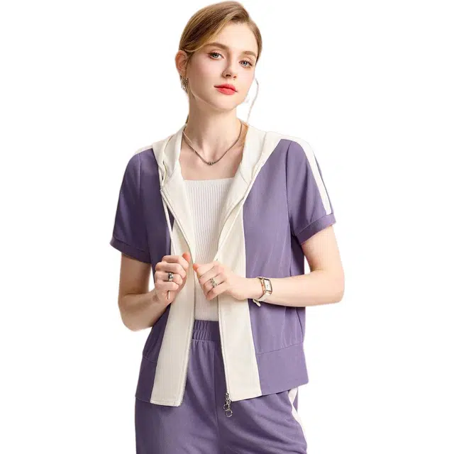 粉红玛琍 夏季款通勤百搭连帽拼色常规短袖高腰长裤休闲套装 女款