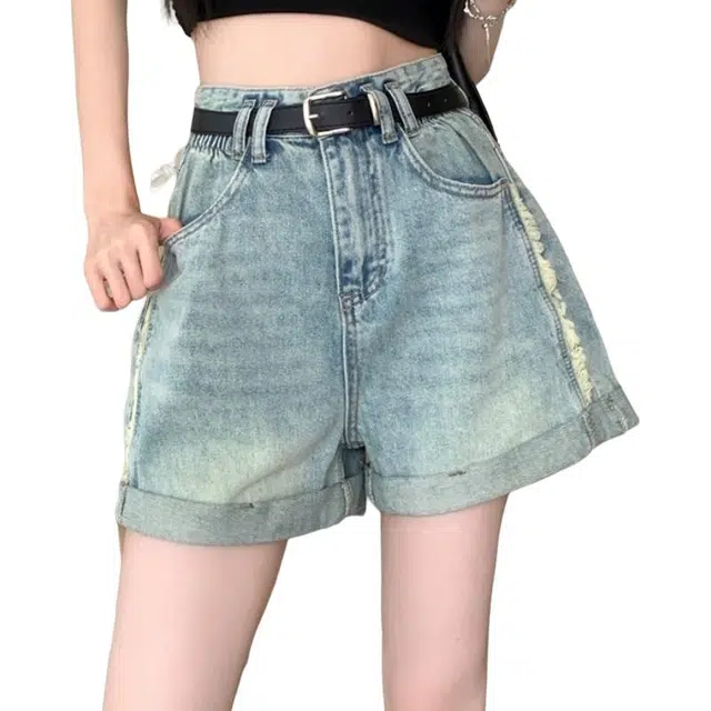 纤丝鸟 高腰显瘦卷边设计感牛仔短裤 女款