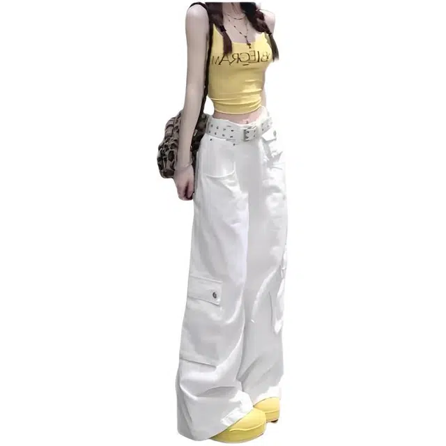 木木兔 潮流时尚美式工装裤高腰重工设计宽松拖地牛仔裤 女款