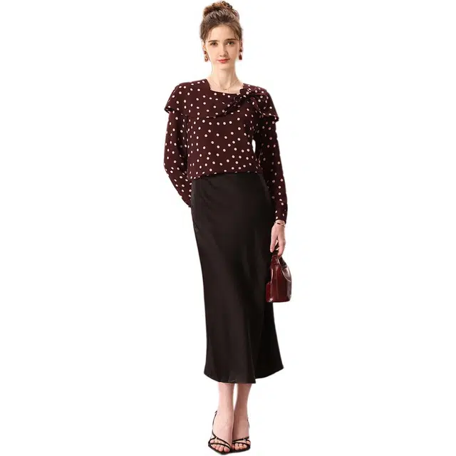 粉红玛琍 立体花波点印花宽松常规长袖方领优雅气质日常便服高腰衬衫 女款