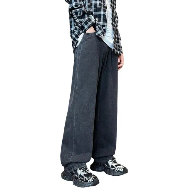 快鱼 潮牌直筒百搭休闲宽松美式复古水洗阔腿简约抗皱时尚加绒加厚舒适保暖牛仔裤 男女同款
