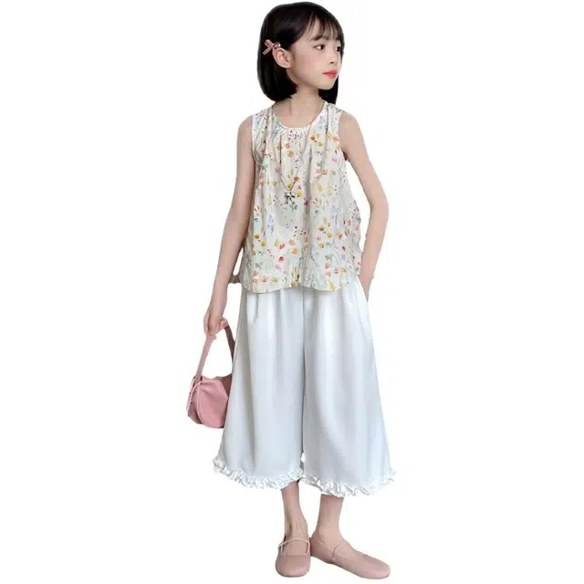 比比我儿童休闲运动套装 女童夏季 小孩衣服 小女孩无袖上衣 洋气中裤套 大童潮牌 时尚
