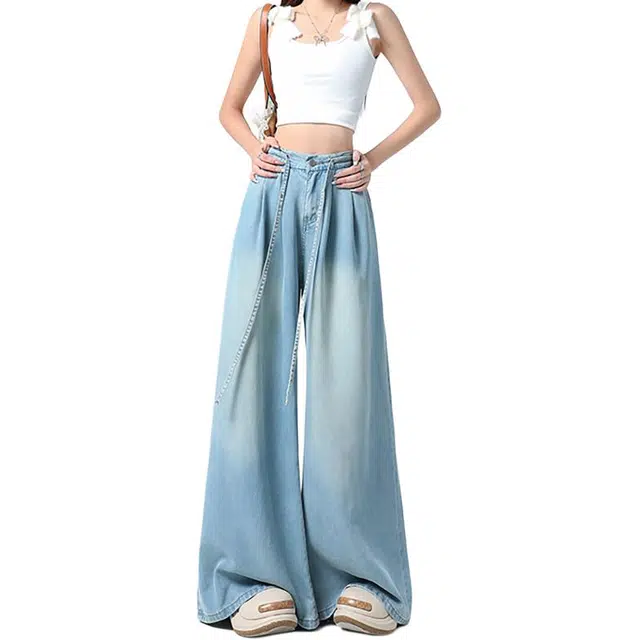 如续 冰感薄料~莱赛尔环保布料腰头系绳阔腿裤冰丝清凉透气宽松裤牛仔裤 女款