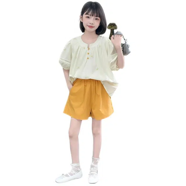 比比我儿童休闲运动套装 女童夏季 小孩衣服 小女孩泡泡袖绣花上衣 短裤套 大童潮牌