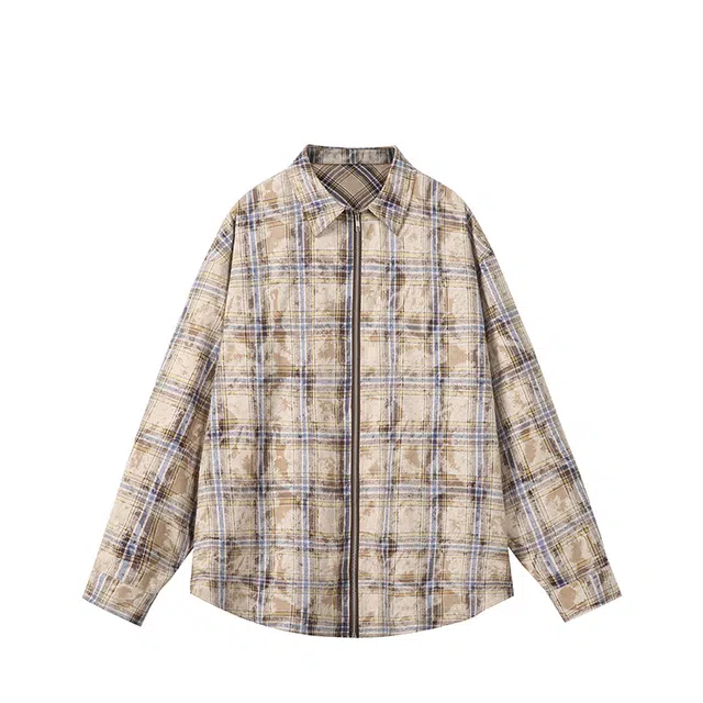 零氏 美式复古个性字母印花宽松翻领落肩拉链长袖衬衫 男女同款