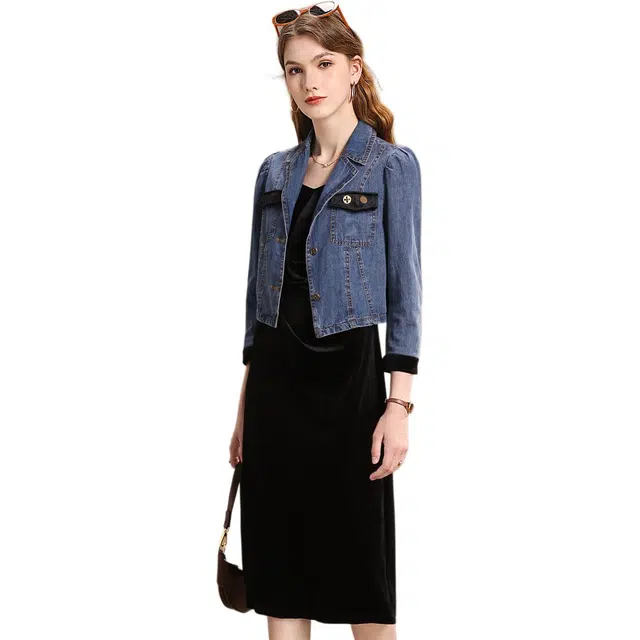 粉红玛琍 复古牛仔短外套纯色常规长袖西装领都市休闲高腰裙装套装 女款