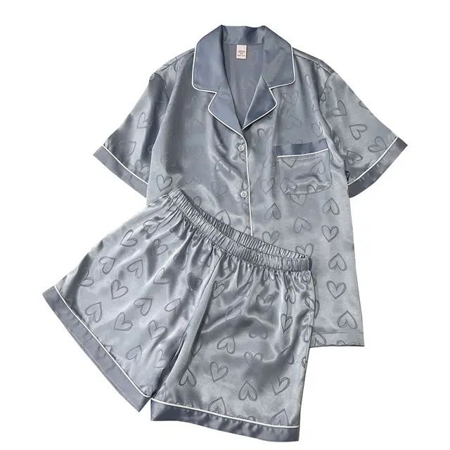 俏韵 翻领冰丝甜美爱心短袖三分裤休闲宽松舒适薄款家居服可外穿睡衣套装 女款