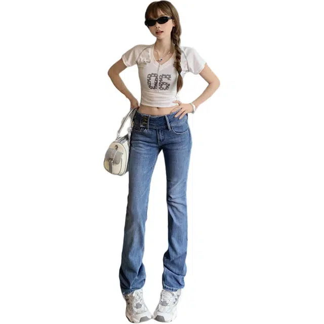 拾籍 潮搭必备三扣小众设计低腰辣妹微喇叭裤女复古时尚弹力修身显瘦牛仔裤 女款