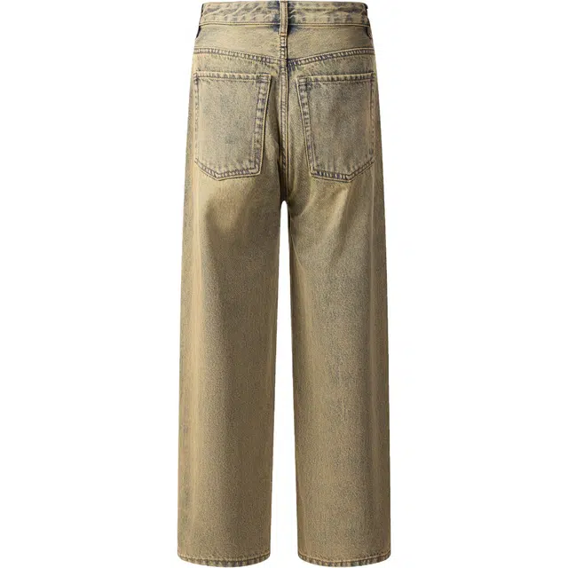 希越 美式复古赛络纺黄泥染美拉德高街宽松直筒阔腿牛仔裤 男款