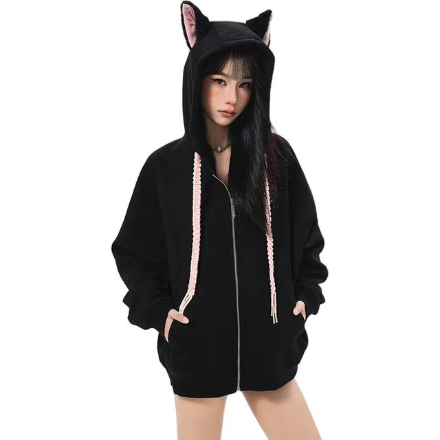 柏黛妃 美式连帽设计感小众拉链开衫长袖卫衣 女款