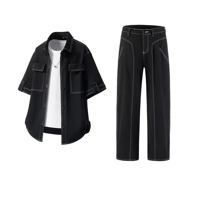 零氏 美式潮流复古工装口袋明线简约纯色时尚个性宽松高级感痞帅上衣短袖直筒长裤子衬衫套装 男女同款