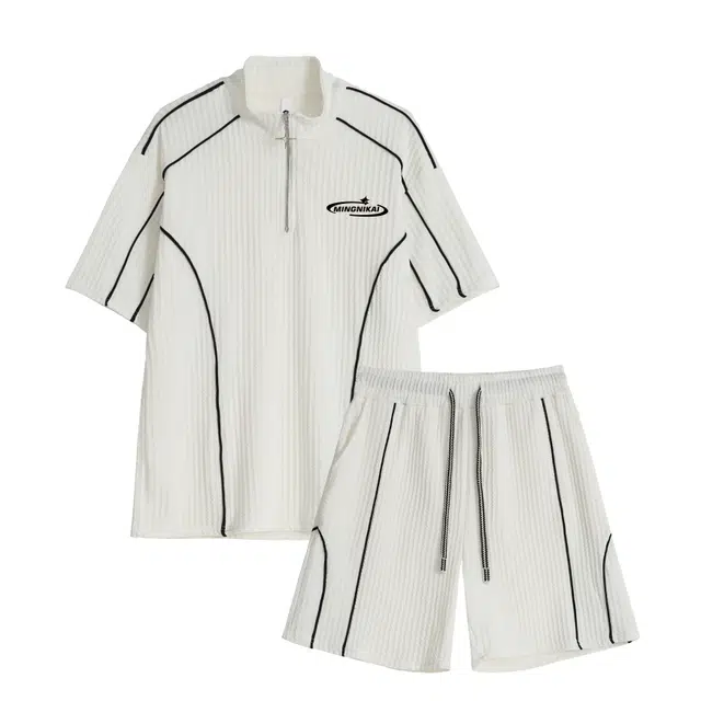 明尼凯 美式复古高街纯色重磅小众个性设计感宽松简约时尚百搭高级感拼接解构痞帅半拉链短袖舒适短裤情侣休闲运动套装 男女同款