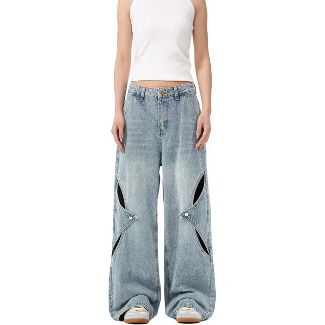 宝米卡 美式阔腿拼接解构破洞做旧春夏中性宽松垂感长裤牛仔裤 男女同款