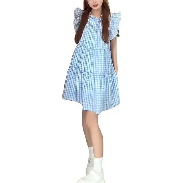 小卷要加油 韩系小飞袖格子甜美花边蝴蝶结短袖连衣裙 女款