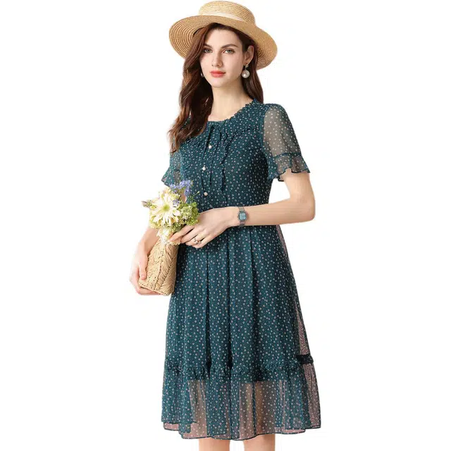 粉红玛琍 气质优雅薄款绿色透气荷叶袖圆领收腰休闲网纱裙高腰短袖连衣裙 女款