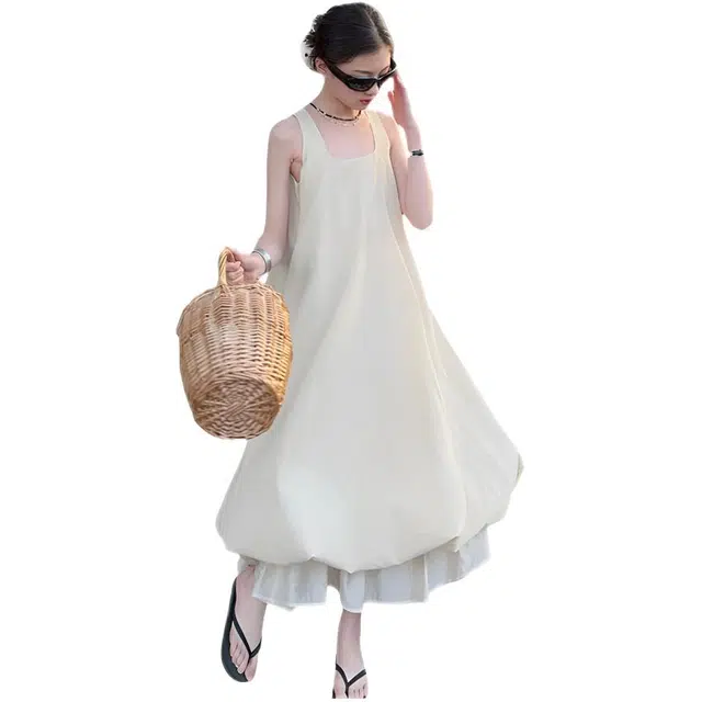 比比我女生时尚温柔风气质水母连衣裙 中大童潮流无袖背心裙子